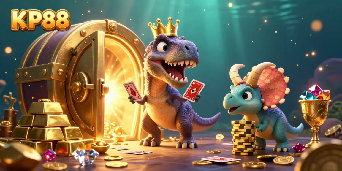 Experience thrilling games at KP88 with a friendly T-Rex dealing cards and vibrant golden treasures.