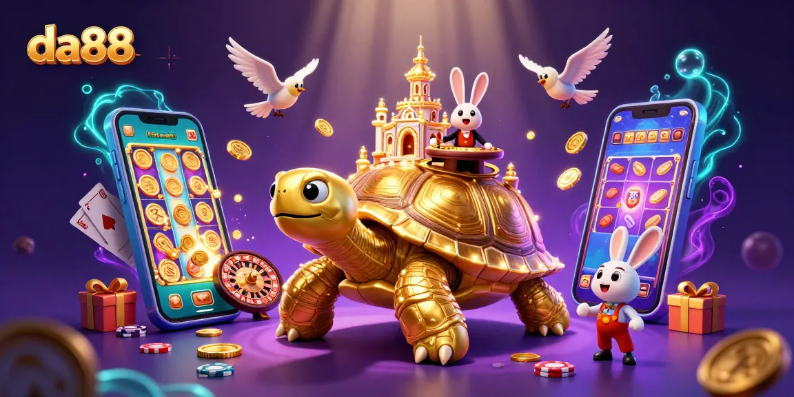 Experience the thrill of da88 with a golden tortoise casino illustration featuring dynamic casino elements.