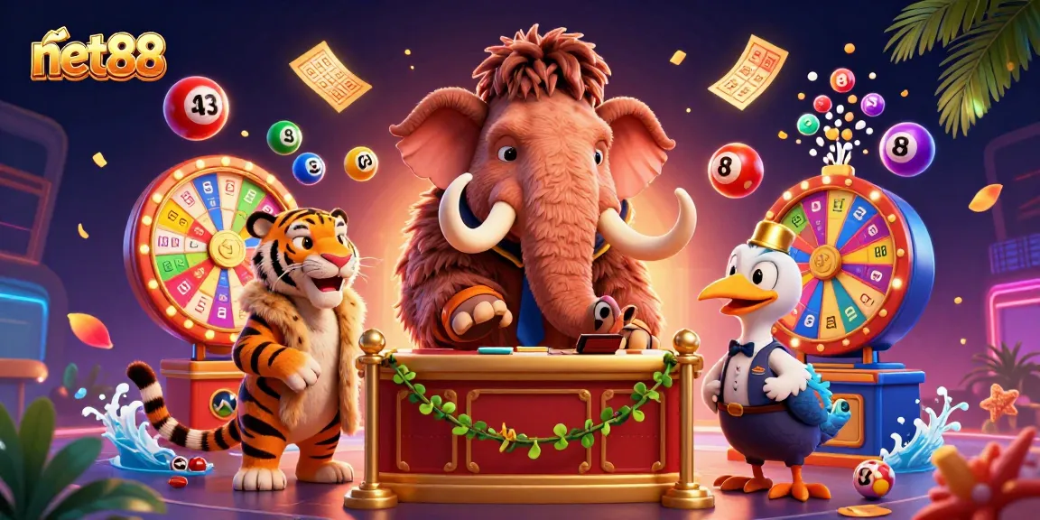 Engage in thrilling lottery games at net88 with a vibrant scene of colorful elements and unique characters.
