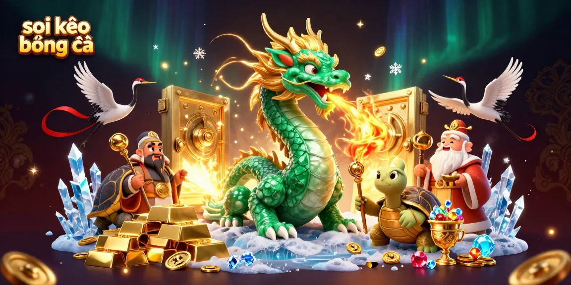 Engage with the soi kèo bóng đá world featuring a majestic dragon, wise turtle, and lucky cranes amidst treasure.