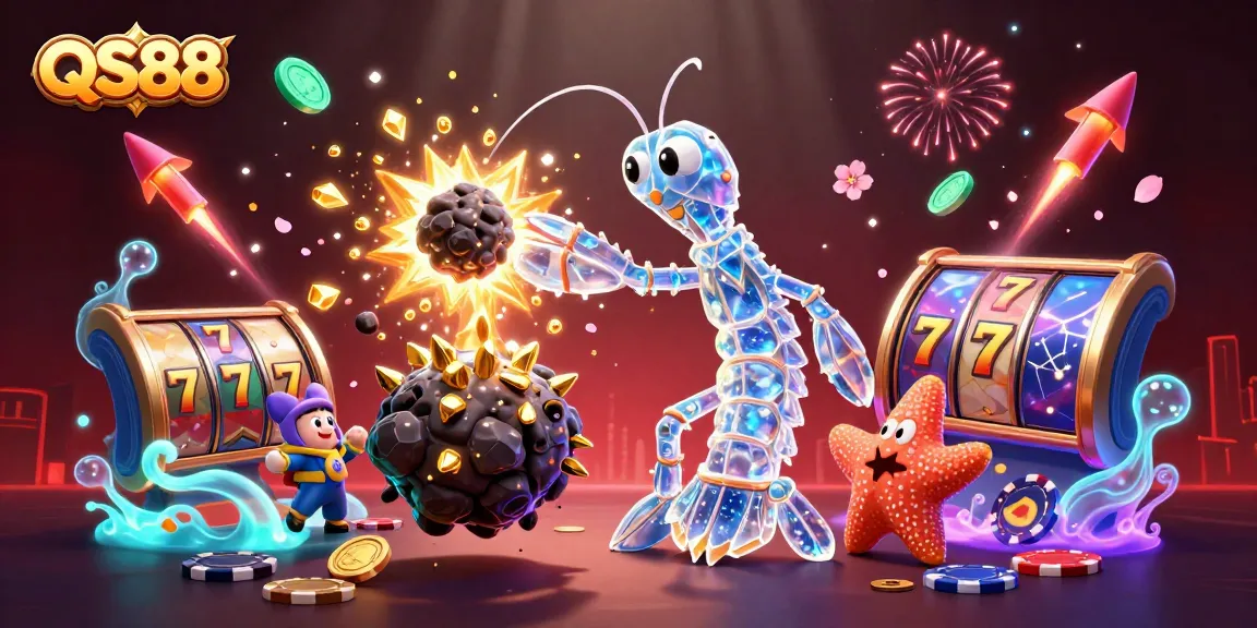 Experience the excitement of QS88 with a galactic samurai shrimp amid slot machines and golden treasures.