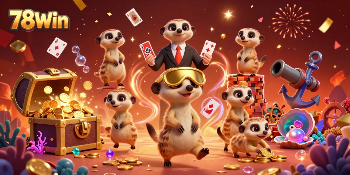 Experience exciting gaming action at 78Win as meerkats manage a vibrant casino scene with gold treasures.