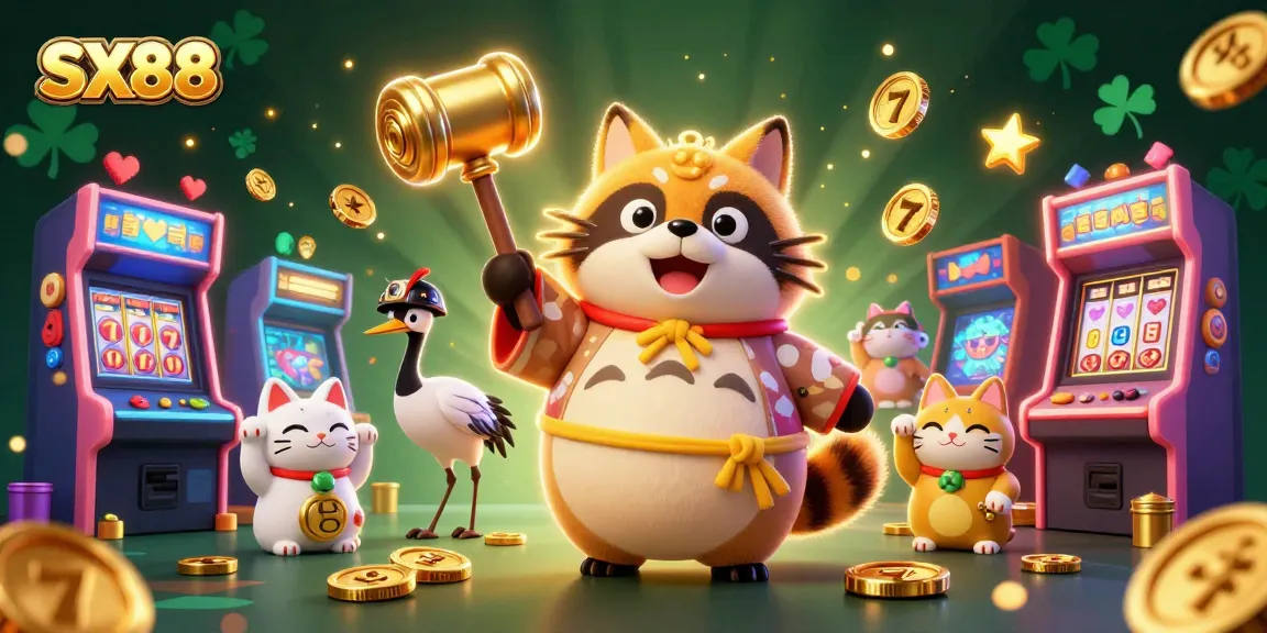Spin the reels at SX88 with a festive tanuki and crane in a vibrant casino scene!