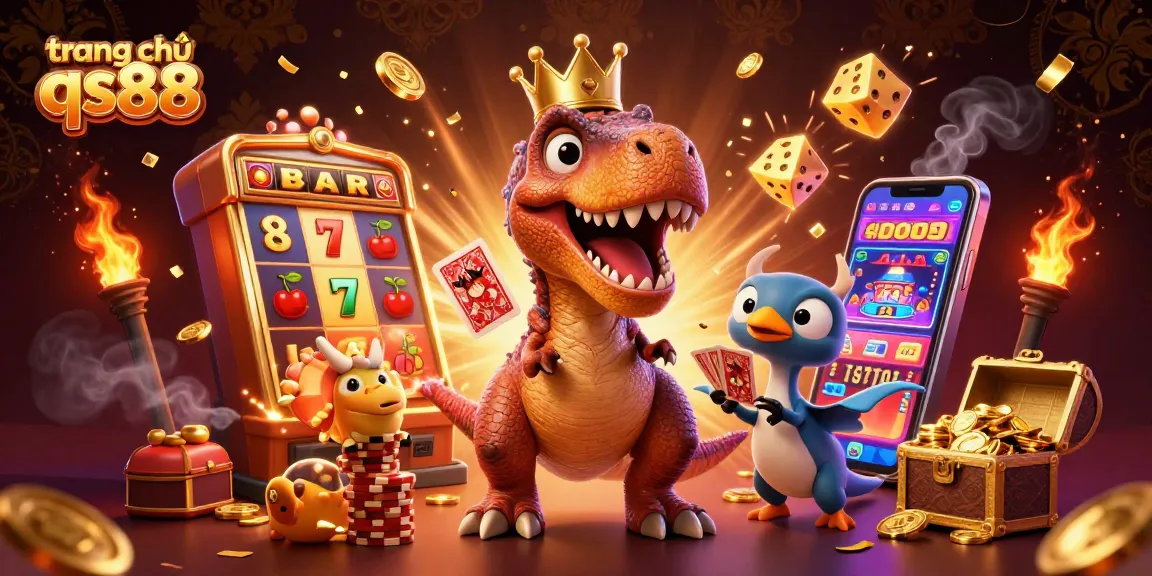 Experience excitement at trang chủ qs88 with slots and characters in a vibrant casino illustration.