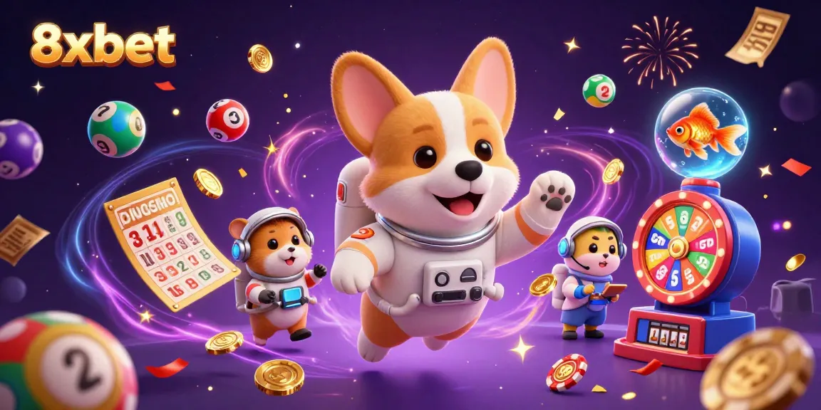 Win big with 8xbet in this dynamic casino scene featuring animated space elements and colorful games.