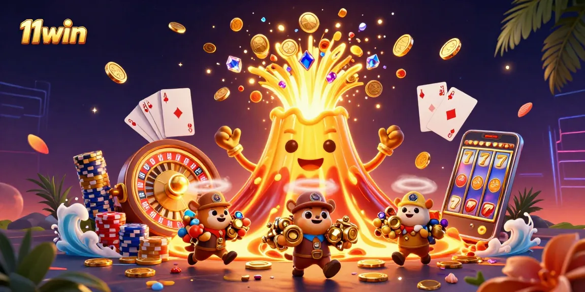 Experience thrilling gameplay with 11win's vibrant casino-themed illustration, showcasing excitement and treasures.