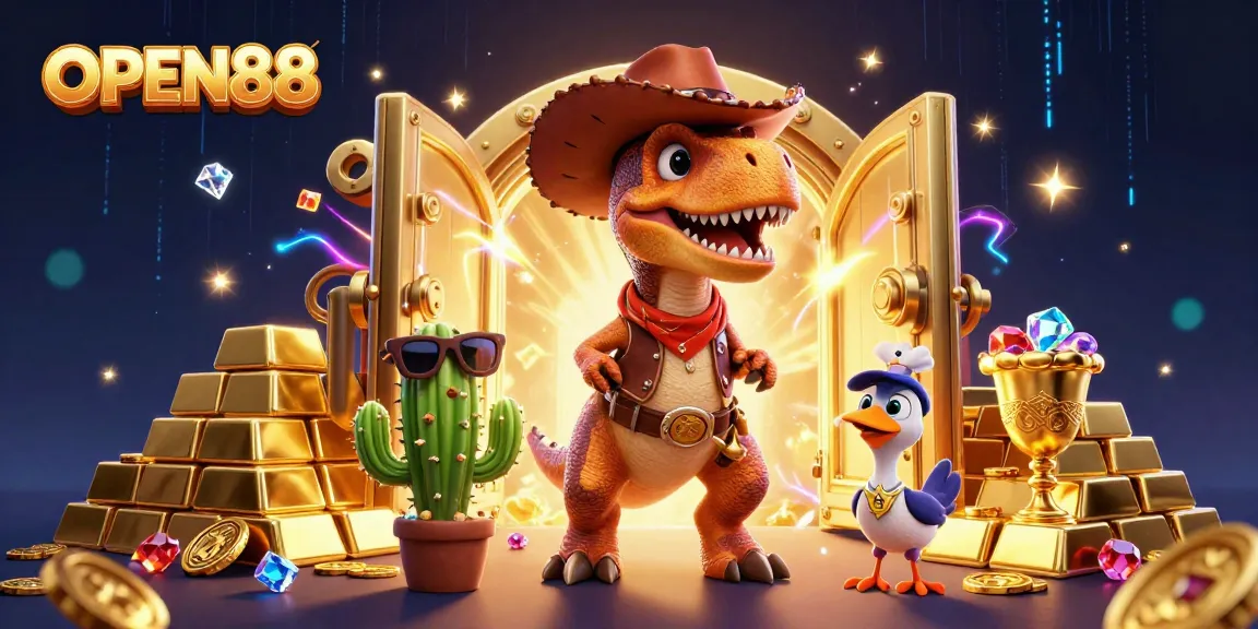Engage with thrilling gameplay at OPEN88, where T-Rex and friends celebrate big wins amid sparkling treasures.