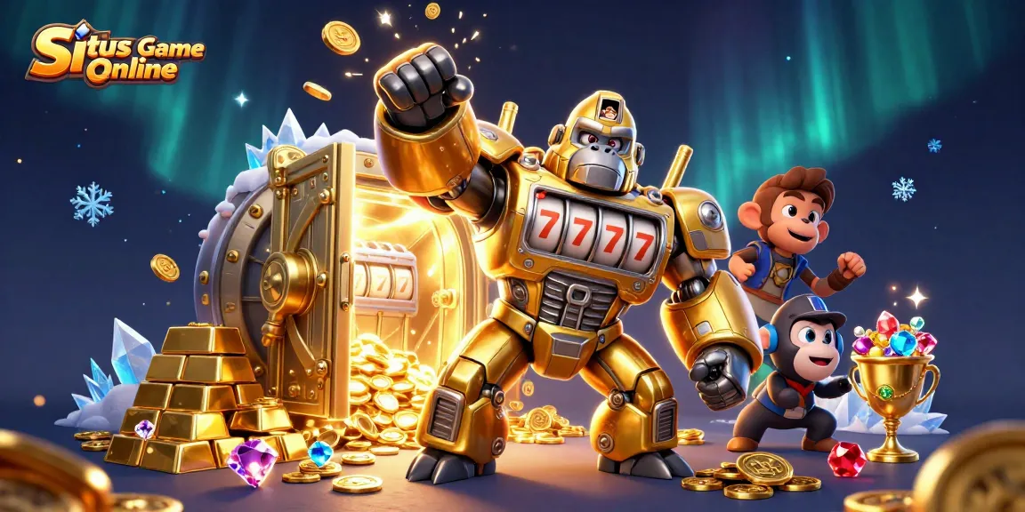 Experience the thrill with Situs Game Online featuring a golden gorilla mech amidst rich casino treasures.