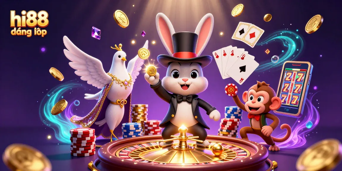 Experience thrilling wins at hi88 đăng nhập with a dynamic scene of a magician, dove, and monkey amidst vibrant casino elements.