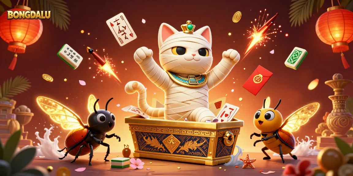 BONGDALU transforms the casino experience with a vibrant scene featuring a mummy cat and glowing scarab beetle.