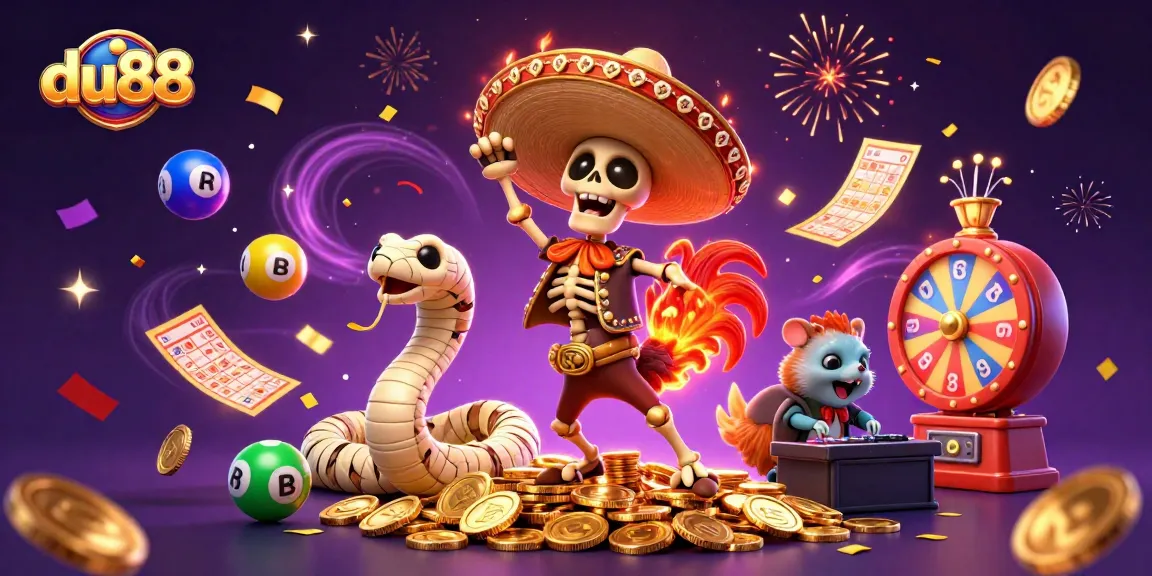 Join the festive fun at du88 with a lively casino celebration featuring vibrant characters and exciting game elements.
