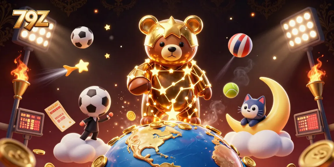 Experience thrilling gameplay with 79Z, as a celestial bear collects coins amidst dynamic sports action.