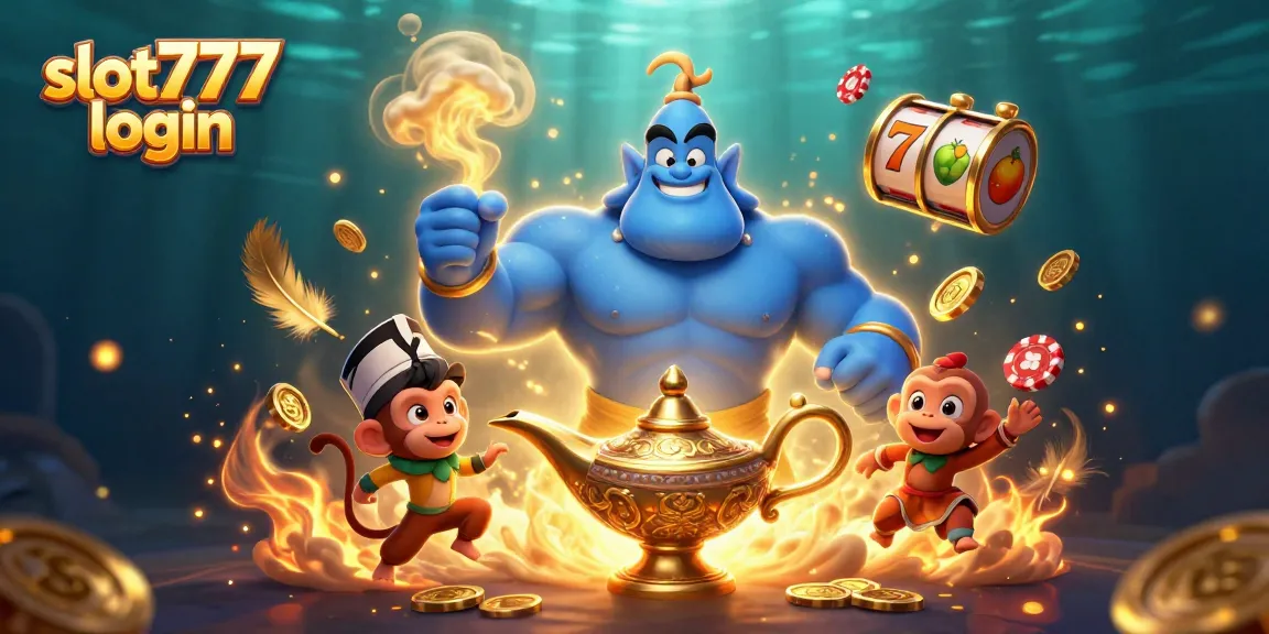 Win big with slot777 login in this dynamic 3D illustration featuring a genie, monkey, and casino elements.