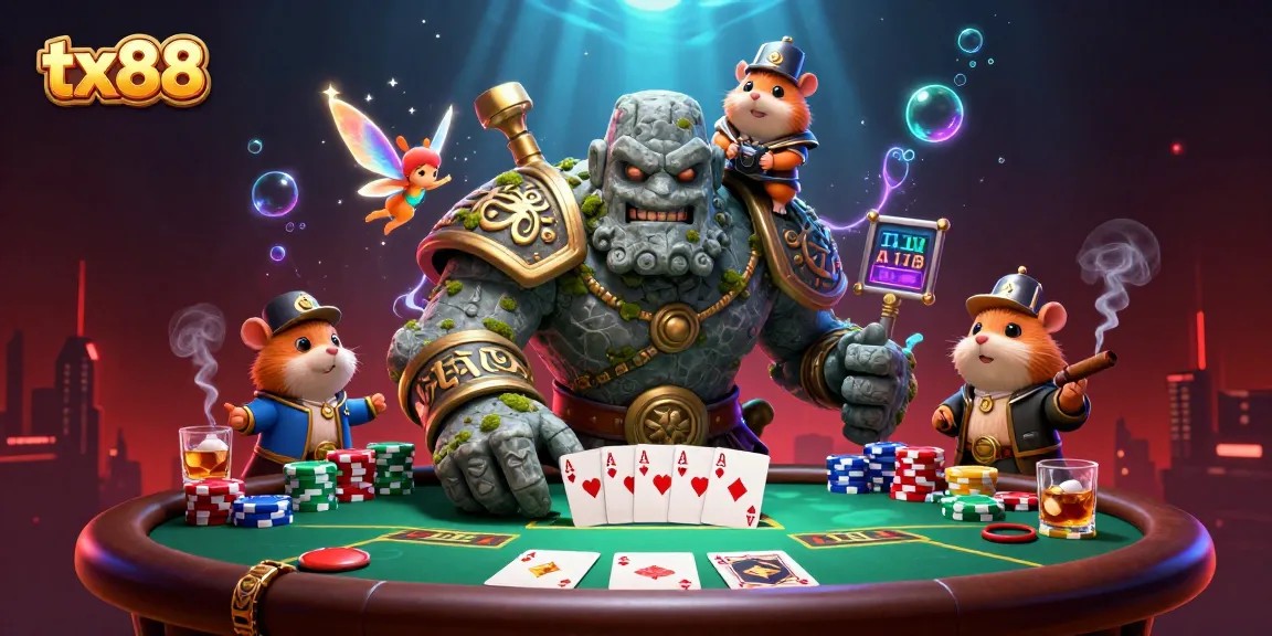 Experience the magic of tx88 casino with a golem guardian, fairy, and hamster knight in an enchanting poker scene.