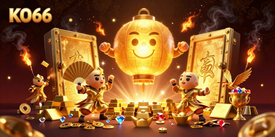 Engage with KO66's vibrant casino world, showcasing 3D characters, golden treasures, and dynamic game elements.