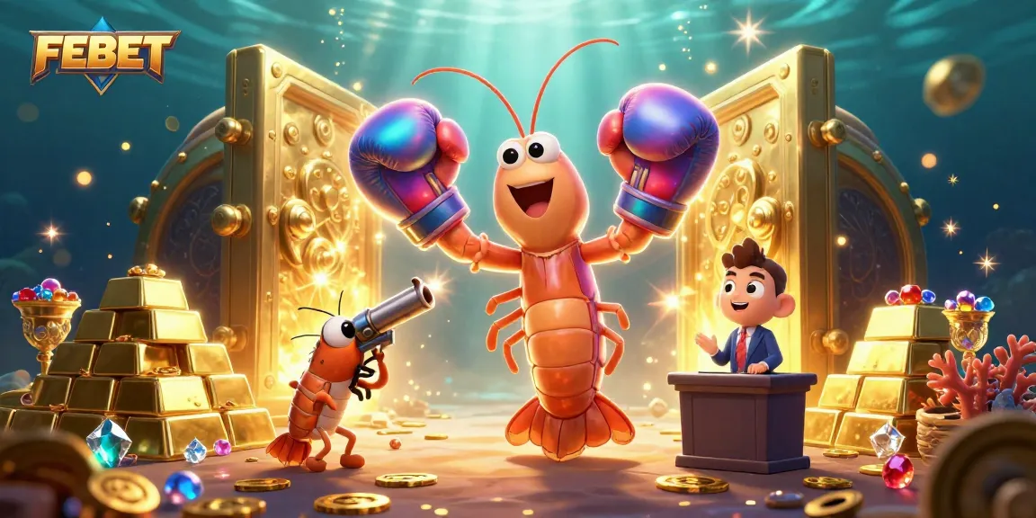 Experience FEBET's thrilling games in a dynamic underwater casino scene featuring vibrant characters and treasures.