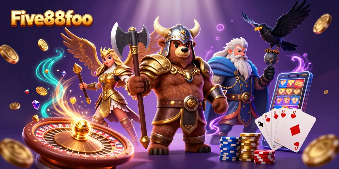 Experience exciting gameplay with Five88foo's 3D Viking bear and Valkyrie in an epic casino scene.