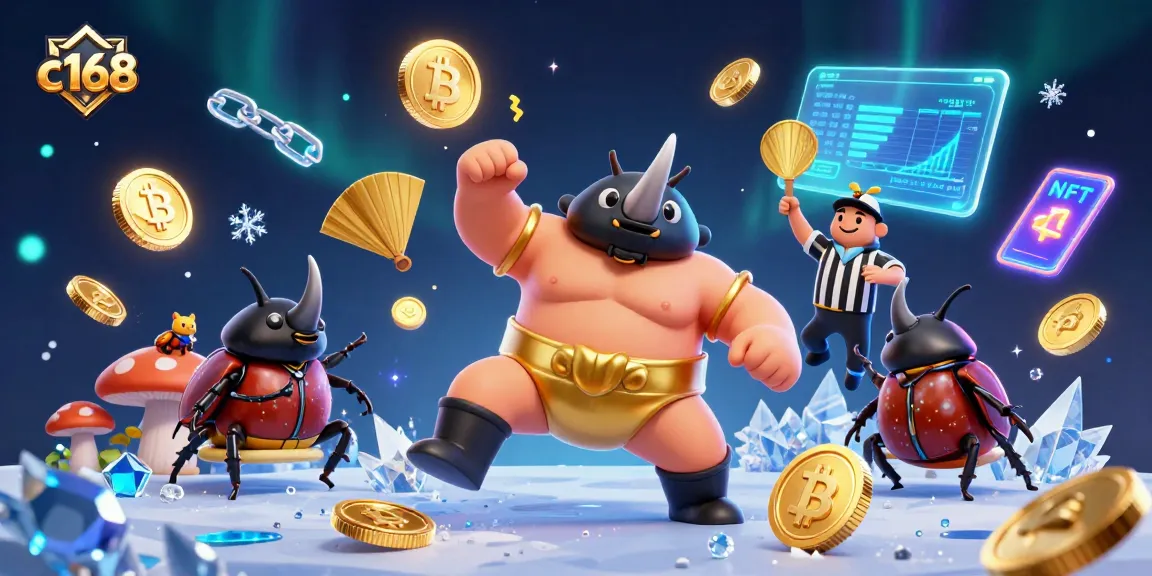 c168 players enjoy a dynamic sumo beetle match with coins flying in this vibrant casino scene.