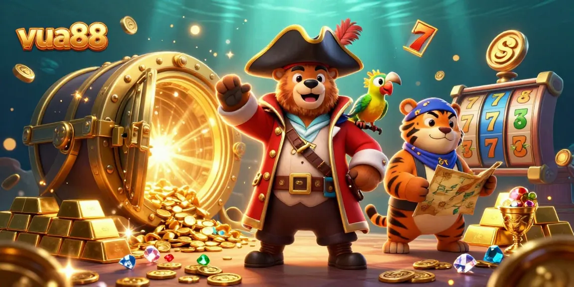 Win big at vua88 with exciting slots and treasure-filled adventures illustrated in vibrant 3D.