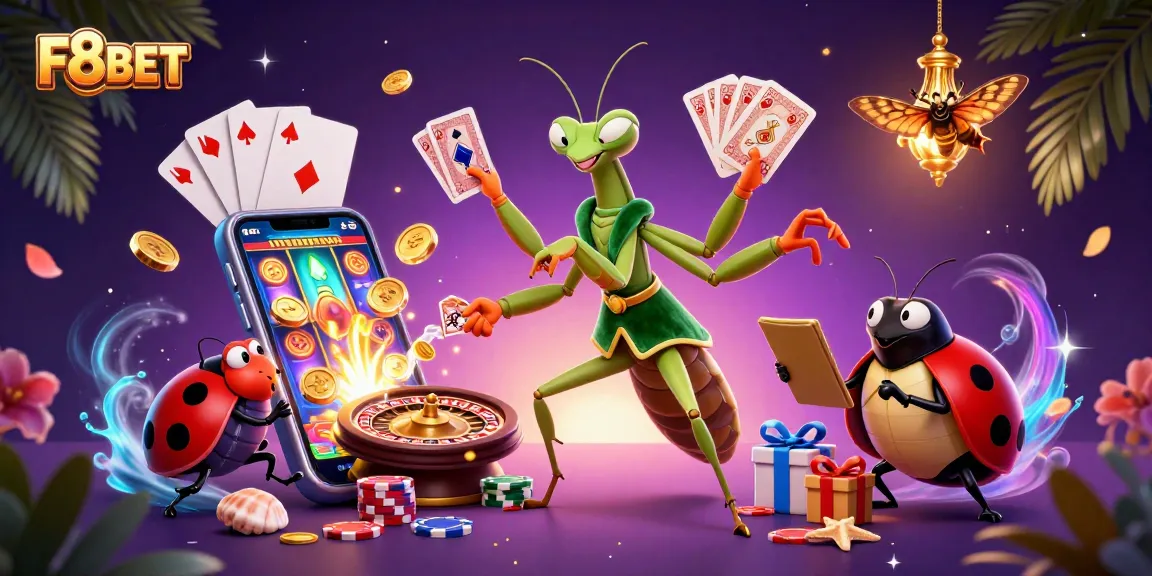F8BET features a giant mantis dealer and ladybug pit boss in a vibrant casino setting.