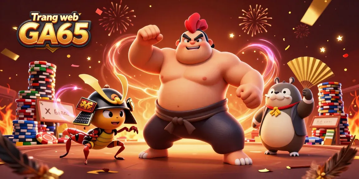 Experience the thrilling action of Trang web GA65 with sumo rooster and samurai cricket in a vibrant fighting scene.
