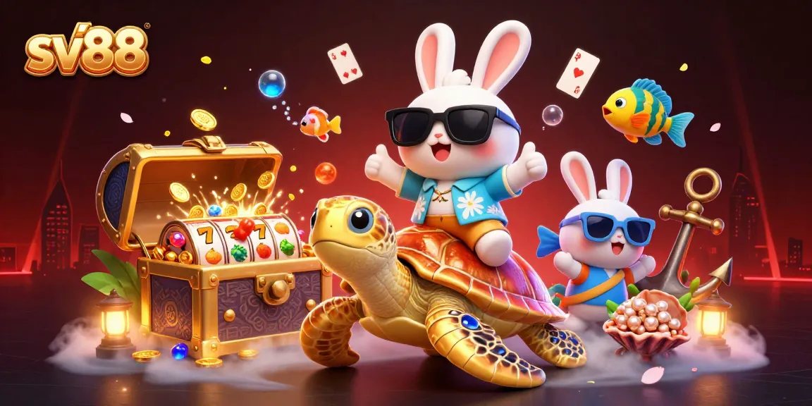 Experience thrilling gameplay at sv88 with a cartoon rabbit and turtle celebrating jackpot wins amidst vibrant underwater scenes.