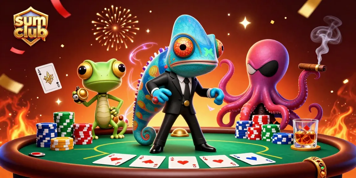 Win big with sumclub's vibrant 3D casino scene featuring a secret agent chameleon and a tech-gecko.