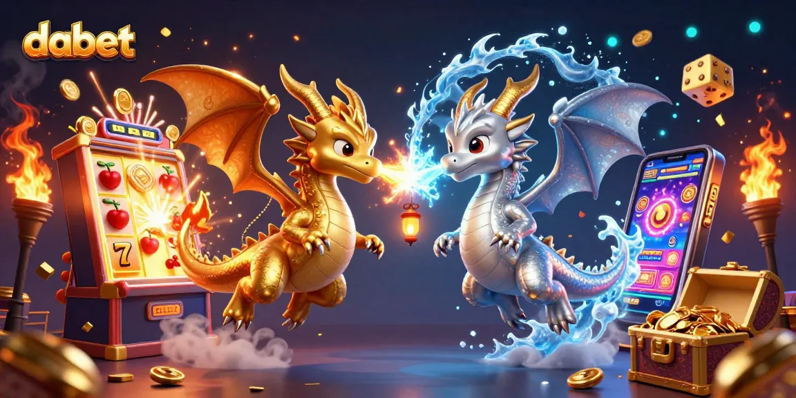 Experience thrilling wins with dabet's energized casino scene featuring dynamic slot machines and mythical dragons.