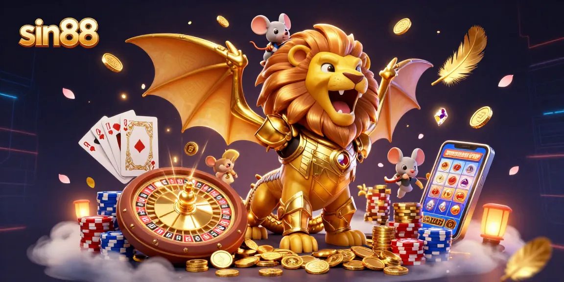 Experience the excitement of sin88 through a vibrant 3D casino illustration packed with action and winning elements.