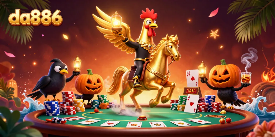 Experience thrilling action at da886 with a dynamic casino scene featuring a golden rooster and poker elements.