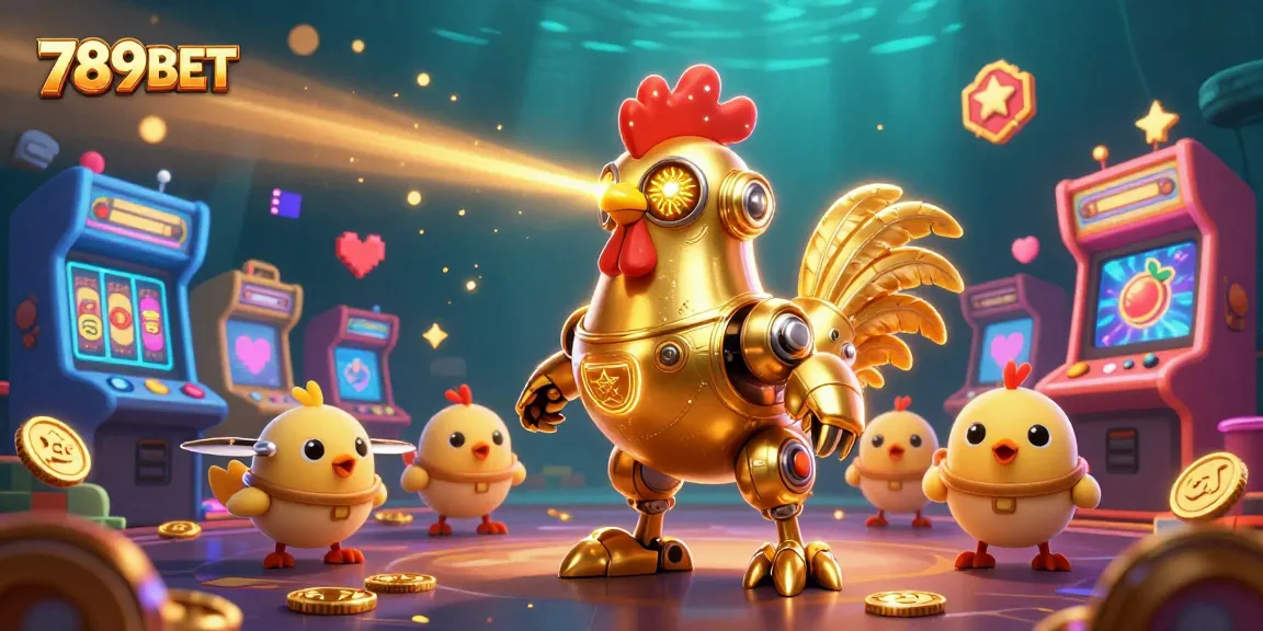 Engage in exciting gaming action with 789BET's golden rooster robot and slot machines.