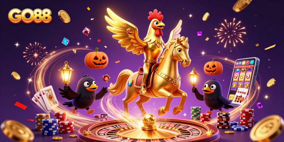 Experience the excitement of GO88 with a vibrant 3D casino scene featuring a golden rooster and dynamic gambling elements.