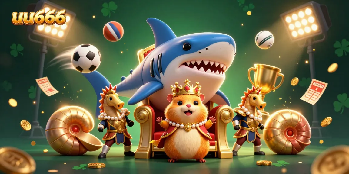 uu666 sports betting with a golden hamster king, seahorse guards, and 3D sports elements