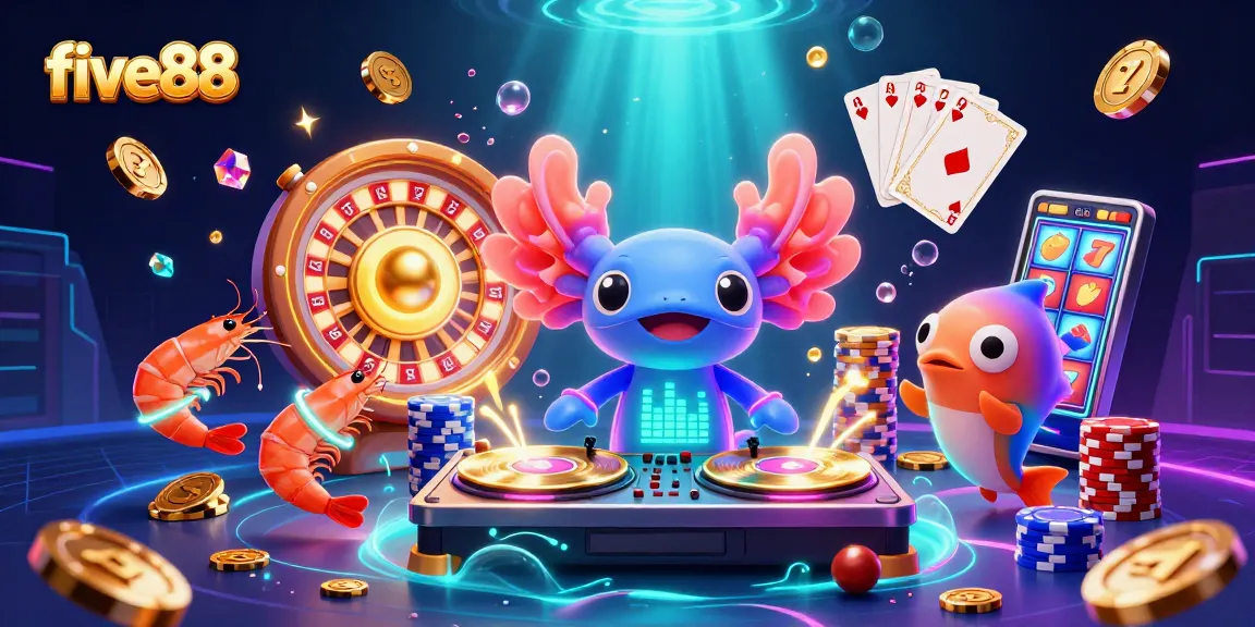 Engage in exciting five88 slot games with a neon axolotl DJ and underwater creatures.