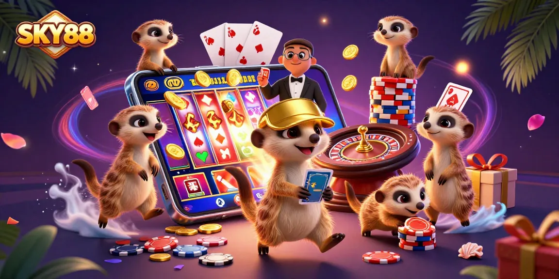 Experience dynamic gameplay at SKY88 with lively meerkats running a casino operation.