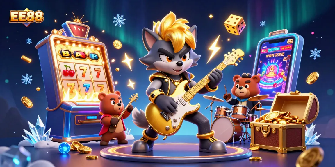 Engage in thrilling fun with EE88 as cartoon characters rock the casino stage amidst vibrant jackpots.