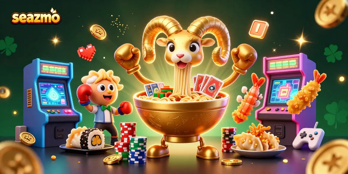 Engage with seazmo, as the animated ramen bowl dealer stacks chips and deals cards amid casino thrills.