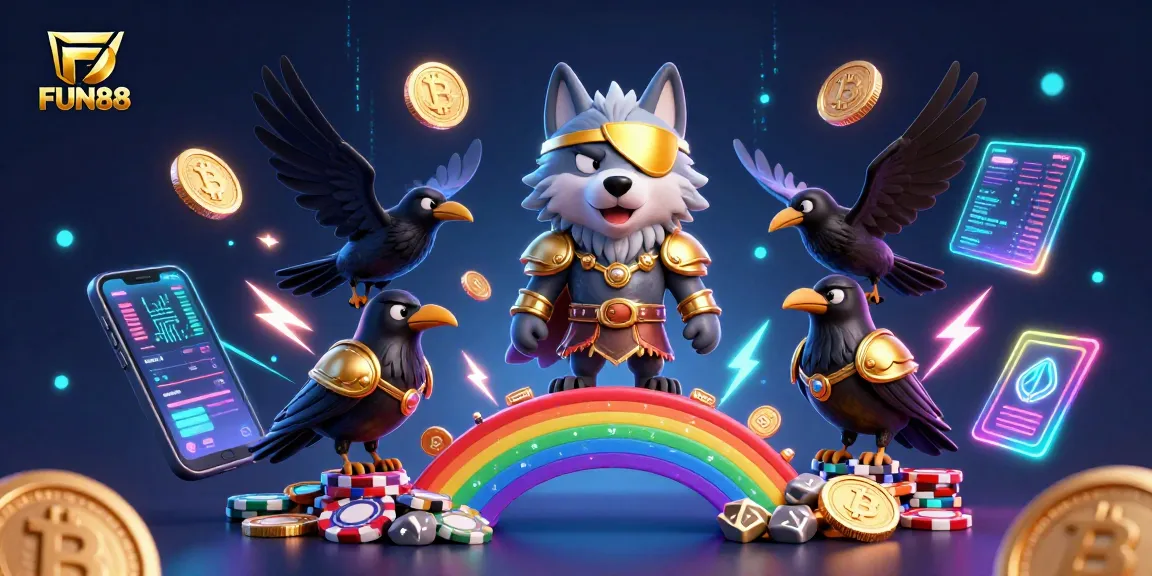 Engage in the world of FUN88 with a captivating Norse mythology scene featuring Odin and ravens amidst casino elements.