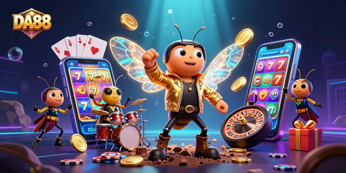 Engage in thrilling slot games with DA88's vibrant casino atmosphere featuring electric cartoon characters.