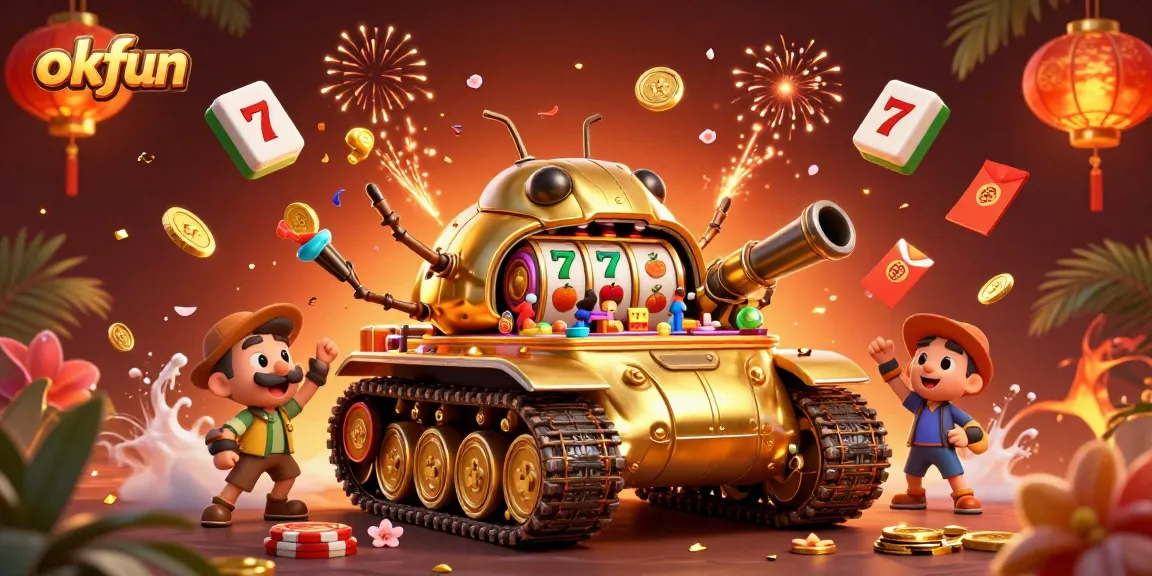 Engage with okfun's thrilling slot machines in a vibrant casino scene filled with dynamic visuals.