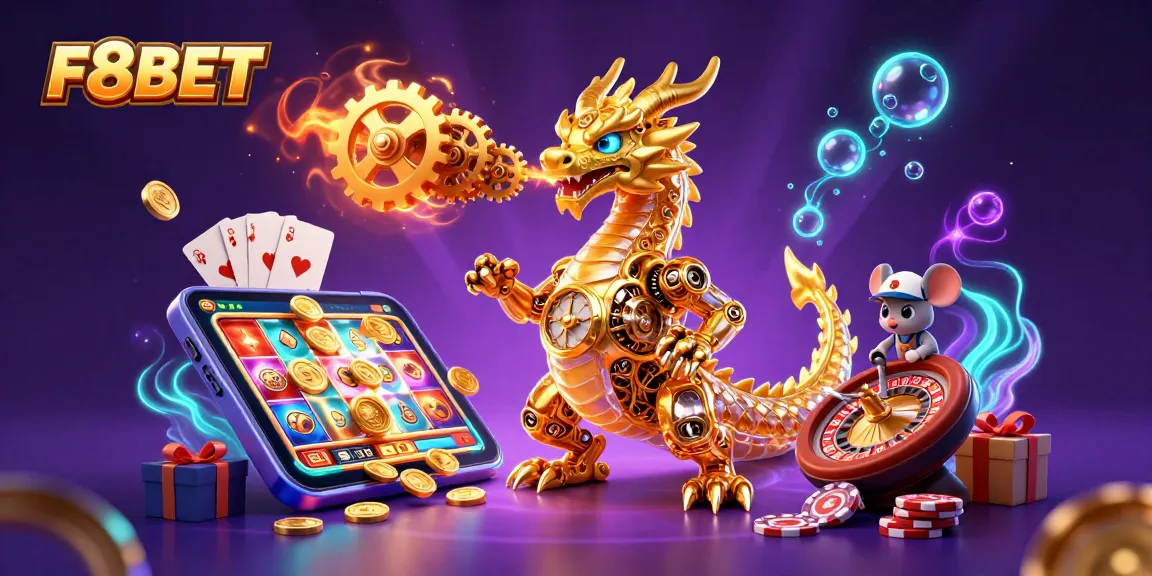 Experience F8BET's vibrant casino art featuring a golden dragon and exciting game elements.