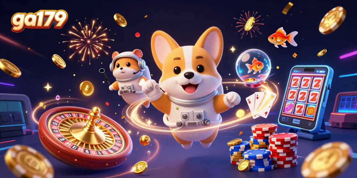Engage with ga179 in a thrilling zero-gravity casino adventure featuring colorful characters and dynamic elements.