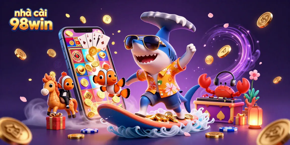 Exciting online gambling experience at nhà cái 98win with a playful 3D illustration of a shark and friends.