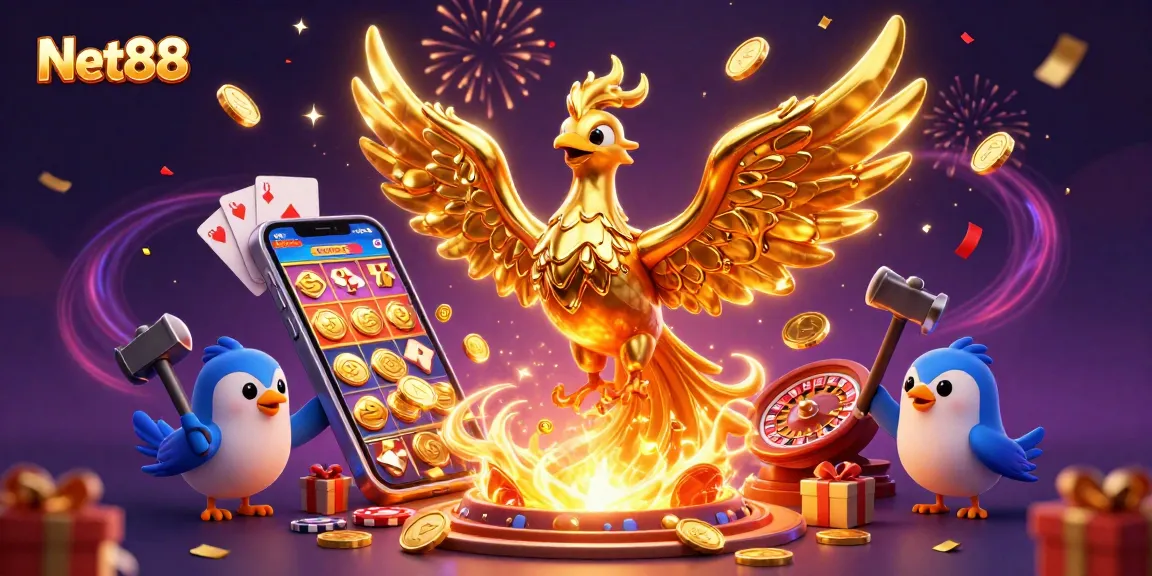 Experience the excitement of Net88 with a molten gold phoenix emerging from a colorful slot game.