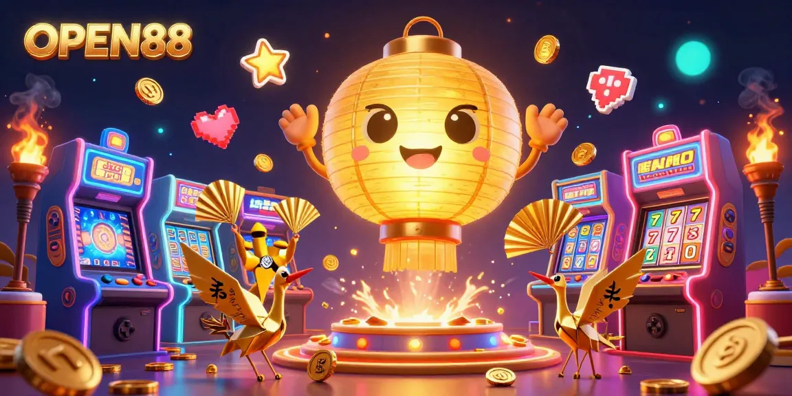 Engage in the dynamic world of OPEN88, featuring a golden lantern spirit and vibrant casino elements.