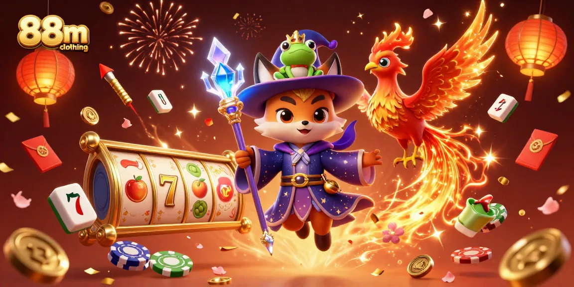 Engaging 88m clothing design showcases a dynamic casino scene with magical themes and slot elements.
