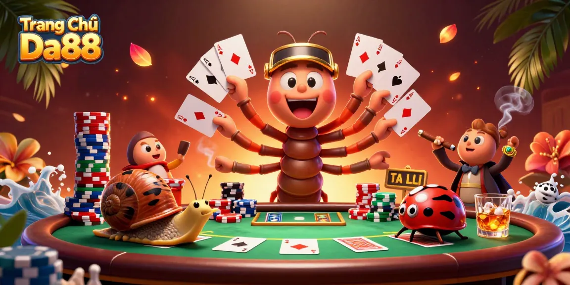 Engaging scene at Trang Chủ Da88 showcasing a lively casino atmosphere with vibrant characters and poker elements.
