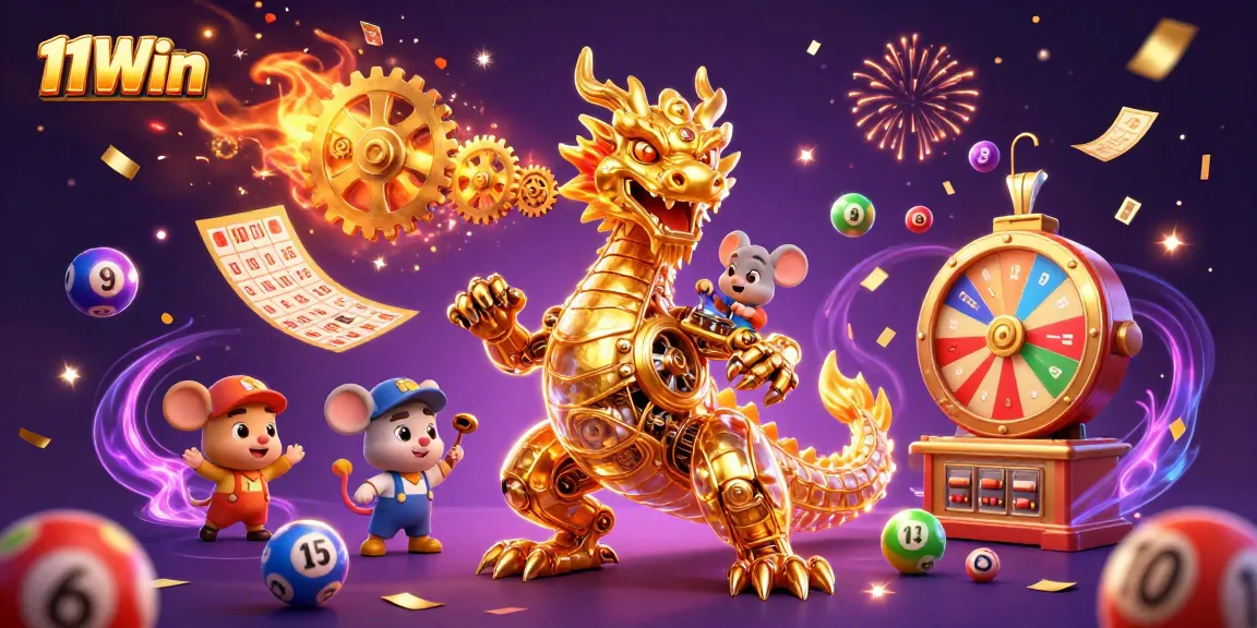 Spin and win with 11Win: a vibrant 3D illustration of a golden dragon and exciting lottery elements.