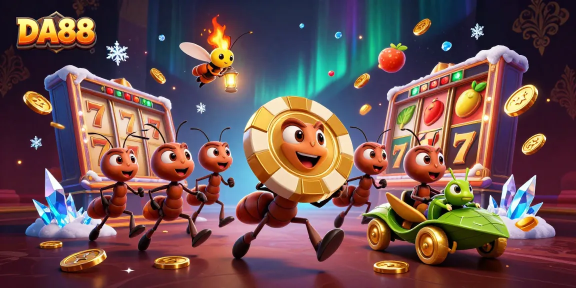 Ants carrying a golden poker chip in a vibrant casino heist scene, showcasing DA88 excitement.