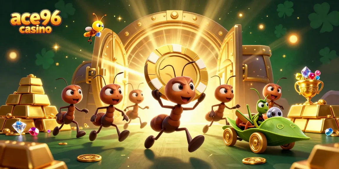 Experience the thrilling adventure of ace96 casino with playful ants capturing a giant poker chip.